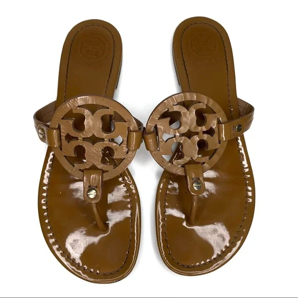 ❎ SOLD Tory Burch Miller Sandals Patent Leather Tan Brown Size 9 - Picture 3 of 14